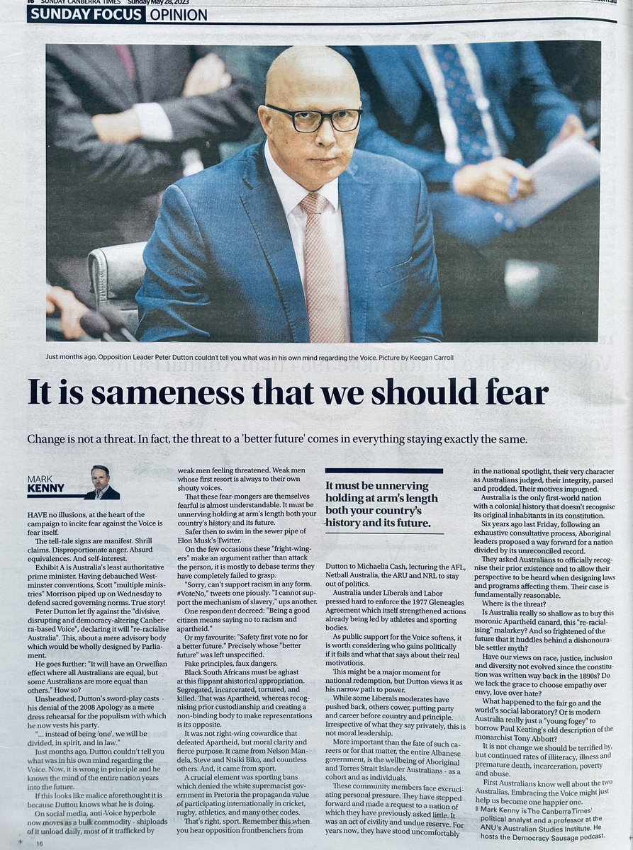 It’s remarkable how social media posts about the Voice referendum are attracting deluges of vicious, toxic responses. 

Mark Kenny today describing perfectly how both those responses and our conservative politicians are at odds with the generosity and vision of most Australians.