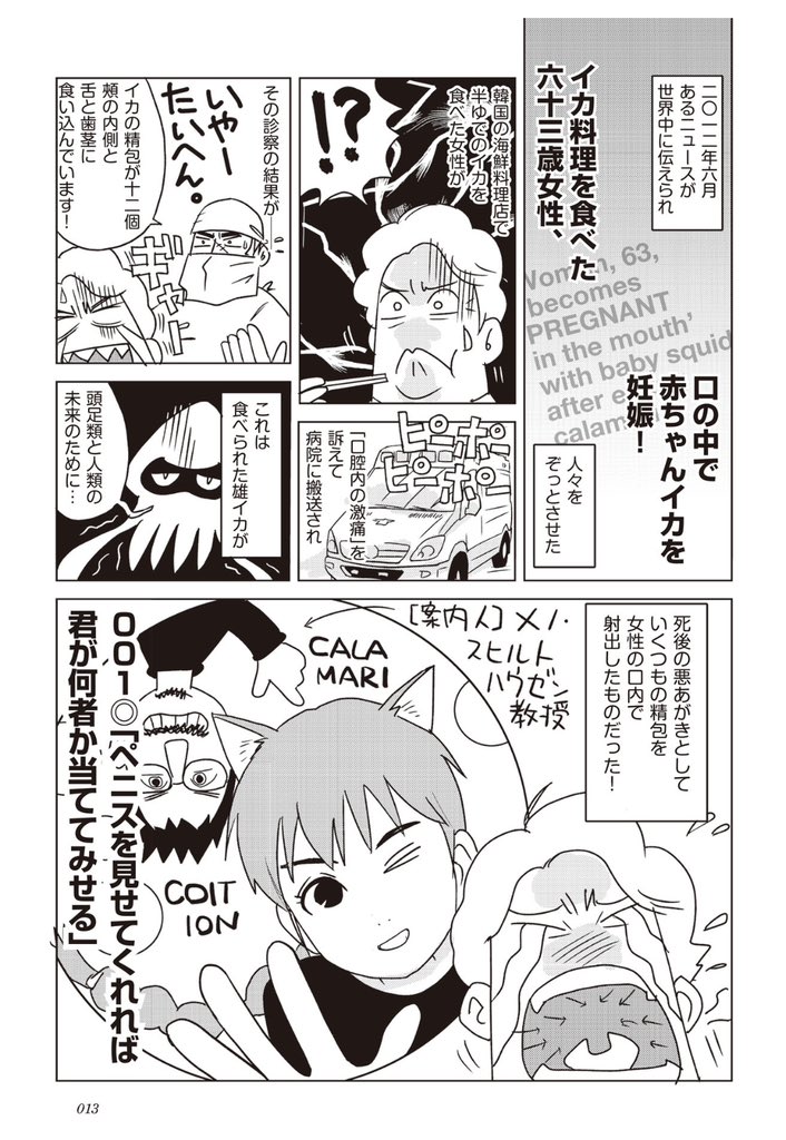 便乗してイカの精莢に関するお話を拙著「ダーウィンの覗き穴マンガ版」より抜粋。