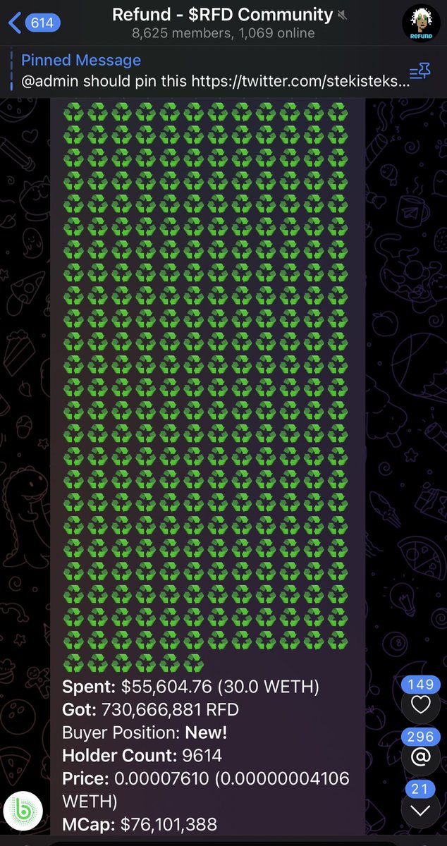Yourpop8's tweet photo. Casual 30 ETH ($55,604) buy on $RFD. Are you still fading your refund, anon? @RefundCoinETH LFG 🚀🚀🚀🚀🚀🚀🚀🚀🚀🚀🚀🚀🚀🚀🚀🚀🚀🚀🚀🚀 https://t.co/AZV5w9ED4J