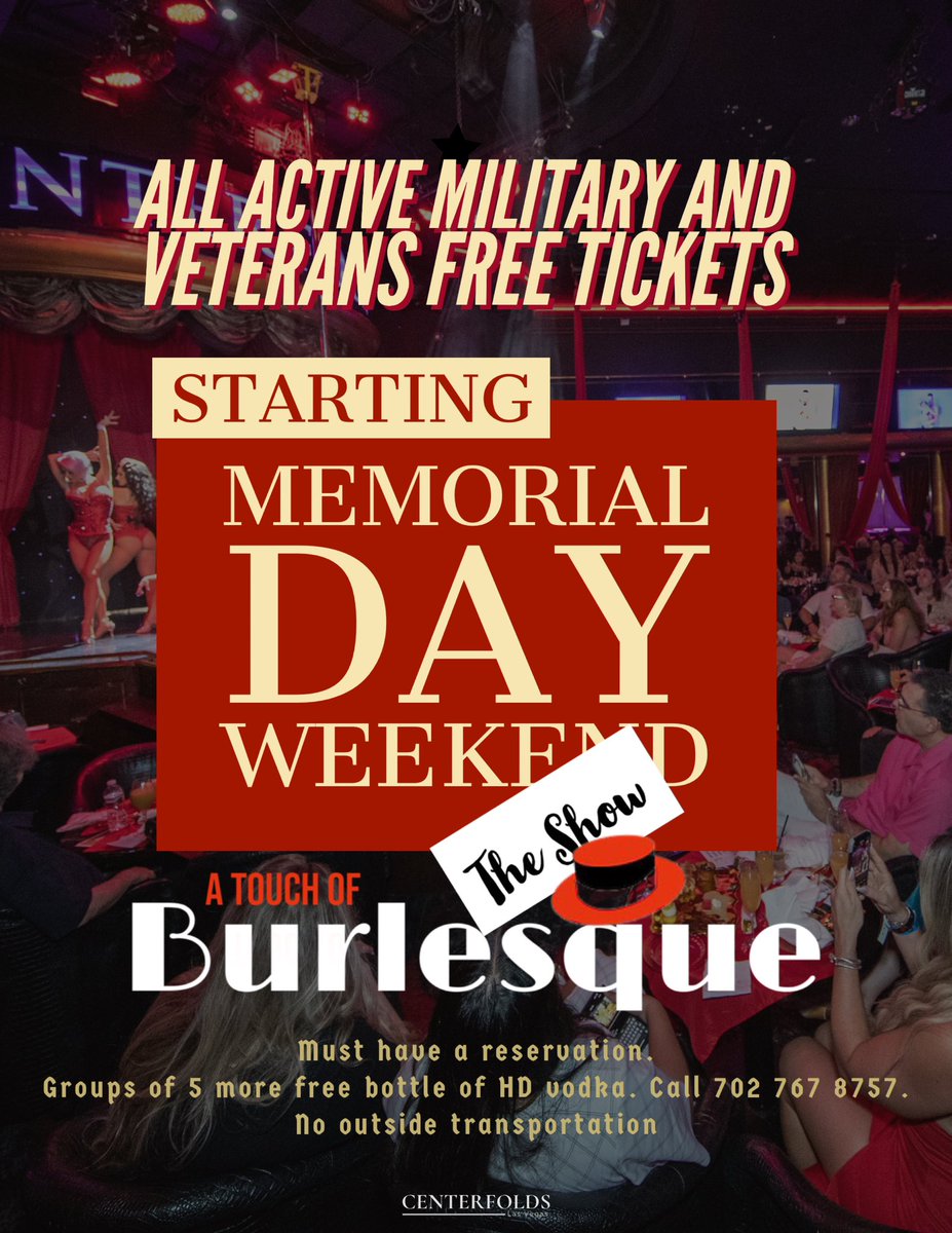 ATOBurlesque's tweet photo. Memorial Day weekend…
all active military and veterans are get free tickets to a Touch of burlesque with a reservation… Groups of 5 or more will get a free HD bottle of vodka. ( booth fee not included) call now to book! 
#MemorialDay2023 #LasVegas #Vegas #vegasshows https://t.co/NDuoCR6veq