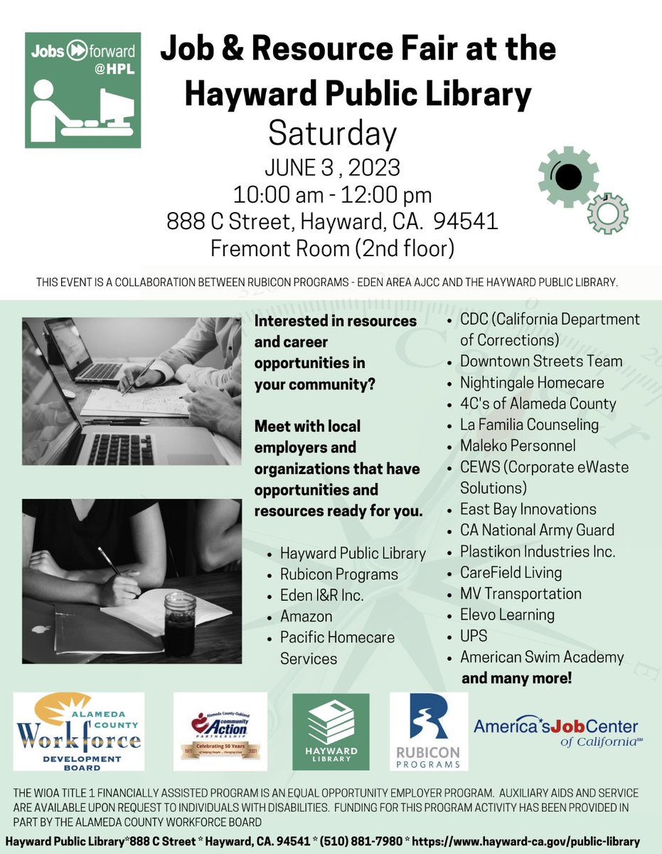 Job & Resource Fair
Saturday, June 3, 2023
10:00 am - 12:00 pm
Location: Hayward Public Library
888 C St, Hayward
2nd floor (Fremont Room)