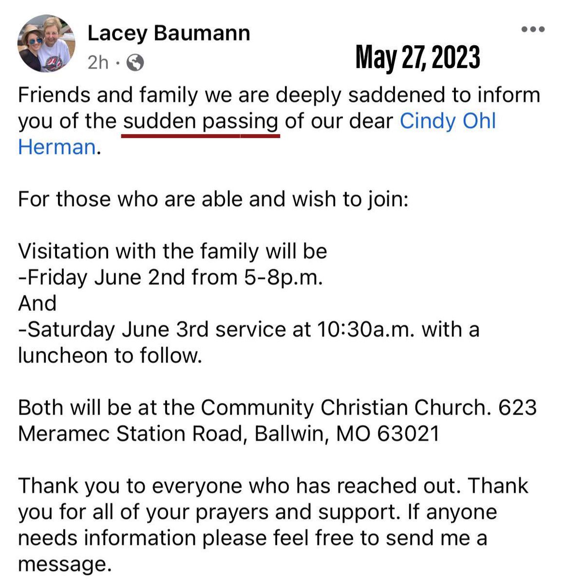 Cindy Ohl Herman 💉🪦
#FullyVaccinated #DiedSuddenly
(May 2023) 🇺🇸 Illinois

Cindy developed heart damage after the Covid-19 vaccine. She had surgery to fix her heart on May 15, 2023. Sadly, she passed away suddenly on May 26, 2023.

CovidBC.me