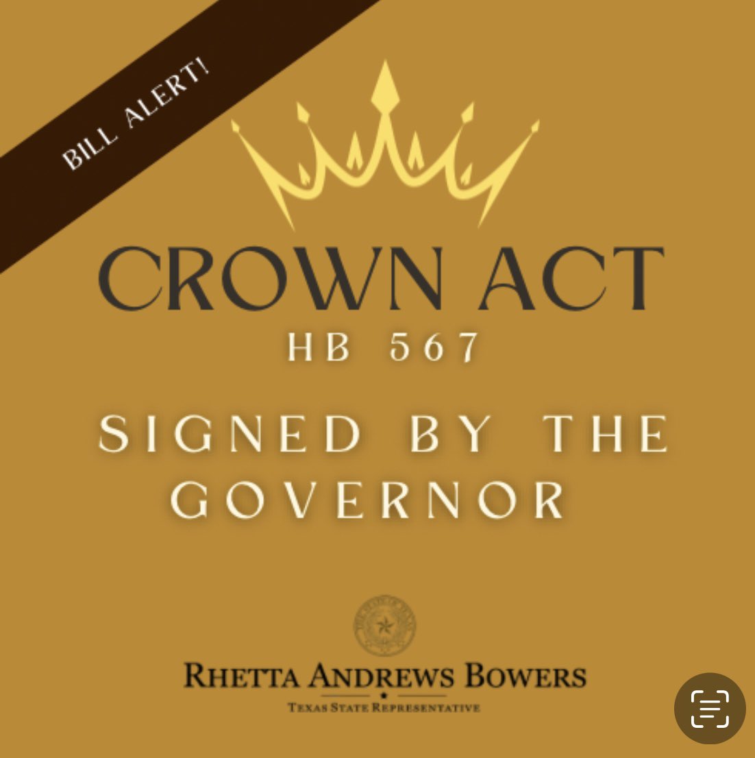 BREAKING NEWS - The Governor has signed HB 567, the Texas CROWN Act! Thank you to Adjoa B-a Asamoah, Co-Creator of the CROWN Coalition, and Senator Borris L. Miles, our Senate Sponsor, and the countless tireless advocates for all of your hard work. We did it! #txlege #CrownAct