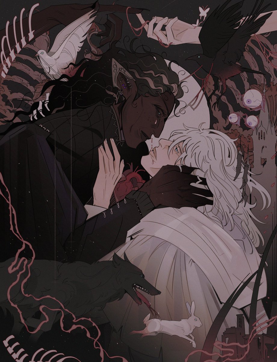 pointy ears dark skin looking at another white hair bird long hair elf  illustration images