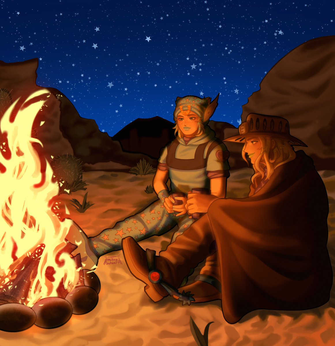 Johnny and Gyro chilling by a fire (Gyjo)