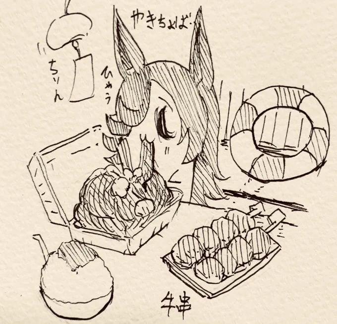 海の家で焼きそば食べる半ライス