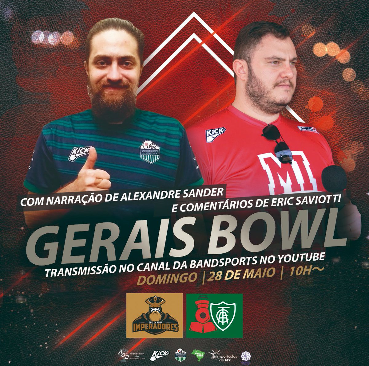 A dupla na cabine de transmissão em Juiz de Fora no Gerais Bowl!!! 

Narração: Alexandre Sander
Comentários: Eric Saviotti

Duelo de invictos nessa final com confronto inédito entre Juiz de Fora Imperadores e América Locomotiva. 

Link da transmissão: youtube.com/watch?v=Hd1qFx…