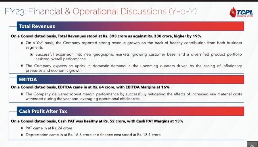 nid_rockz's tweet image. Today,will cover INV PPT snippets of
#TCPLPACK
#MAHSEAMLESS
#INDIGOPAINTS

#TCPLPACKAGING
Record Q4 n FY23 with highest ever rev,EBITDA,PBT n PAT

EPS 121rs
Declared 20rs as dividend

Expects uptick in domestic demand as inflationary pressure is easing out

EBITDA 64cr with OPM