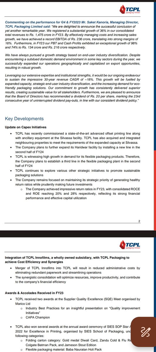nid_rockz's tweet image. Today,will cover INV PPT snippets of
#TCPLPACK
#MAHSEAMLESS
#INDIGOPAINTS

#TCPLPACKAGING
Record Q4 n FY23 with highest ever rev,EBITDA,PBT n PAT

EPS 121rs
Declared 20rs as dividend

Expects uptick in domestic demand as inflationary pressure is easing out

EBITDA 64cr with OPM
