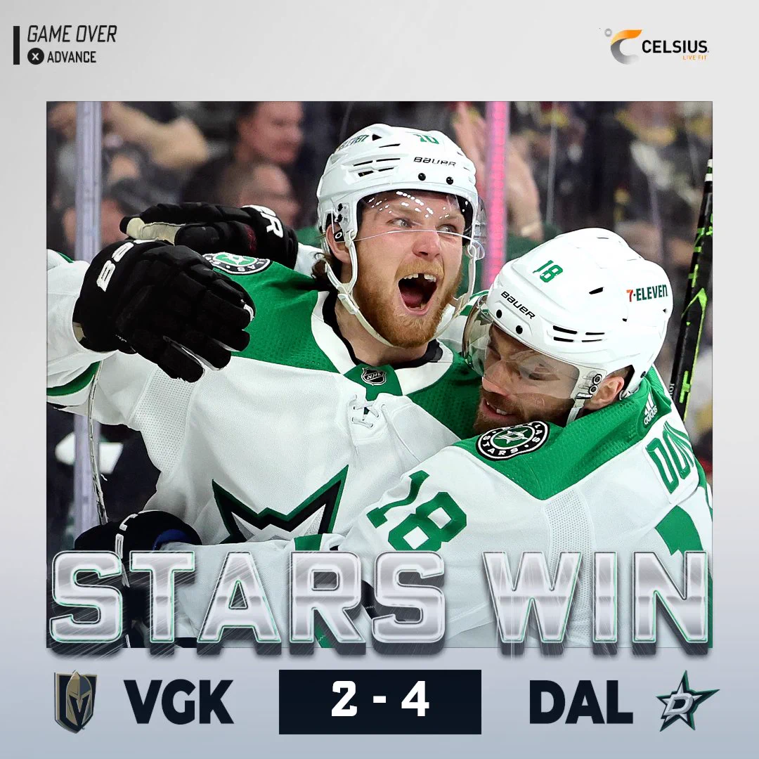 Stars Win 2-4
Photo of Ty Dellandrea screaming, elated after scoring the go-ahead goal with Max Domi bear hugging him