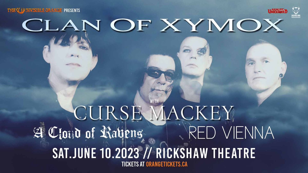 𝓑𝓵𝓪𝓬𝓴𝓶𝓸𝓸𝓻𝓮82 (@blackmoore82) on Twitter photo Two weeks until <a href="/acloudofravens/">@ACloudOfRavens</a>, <a href="/CurseMackey/">CurseMackey</a>, and the returning <a href="/ClanOfXyMoxx/">Clan Of Xymox/Fans</a> perform at The <a href="/RickshawTheatre/">Rickshaw Theatre</a> here in Vancouver, BC 🖤
Presented by The <a href="/InvisiblOrange/">The Invisible Orange</a>
<a href="/PostPunkzine/">Post-Punk.com</a> <a href="/ColdwaveC/">Postpunk</a> #industrial #darkwave Two weeks until <a href="/acloudofravens/">@ACloudOfRavens</a>, <a href="/CurseMackey/">CurseMackey</a>, and the returning <a href="/ClanOfXyMoxx/">Clan Of Xymox/Fans</a> perform at The <a href="/RickshawTheatre/">Rickshaw Theatre</a> here in Vancouver, BC 🖤
Presented by The <a href="/InvisiblOrange/">The Invisible Orange</a>
<a href="/PostPunkzine/">Post-Punk.com</a> <a href="/ColdwaveC/">Postpunk</a> #industrial #darkwave