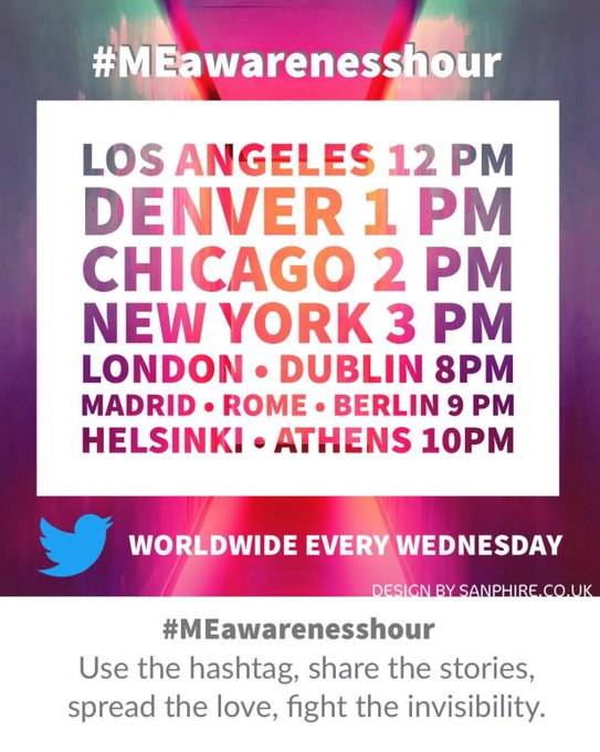 @tink_ina We're here as well. I've had #MECFS for 10 years.

Try these hashtags to connect:
#MillionsMissing #pwME #MEawareness #MEawarenessMonth #MEawarenessDay #MyalgicEncephalomyelitis

And on Wednesday's it's #MEawarenessHour where we tweet at the same time all over the world.

!B