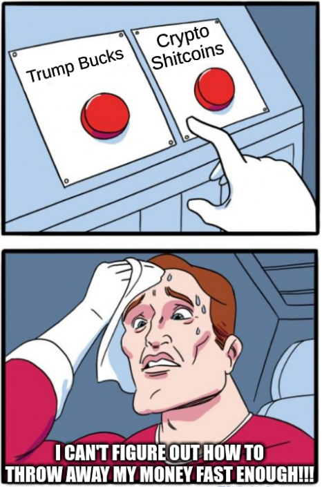 playOfToday's tweet photo. Trump Bucks or Shitcoins? That is the question #cryptocurrency #TrumpBucks #shitcoins #memecoins $pepe $papi $wagmi $FKBLUR $REDACT https://t.co/9V7n1r1e0R
