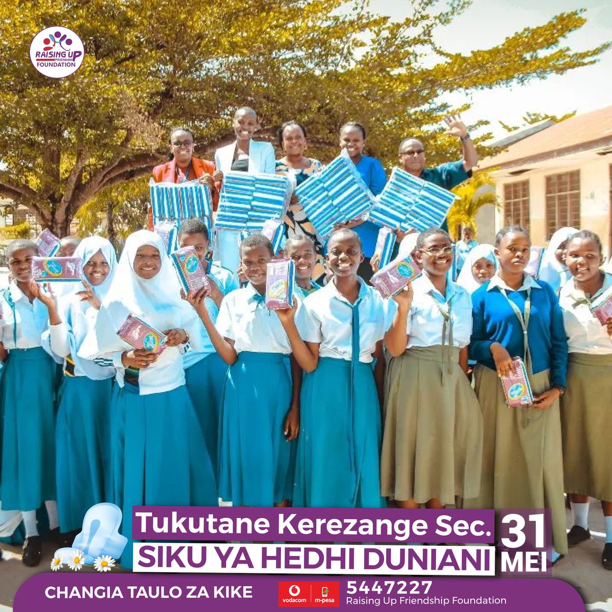 Tar 31/5 tutakuwepo shule ya sec. kerezange iliyopo kivule, kuwapatia taulo za kike ili kuwasaidia kipindi cha hedhi wawapo mashuleni pasipo kukosa masomo na kuongeza ufaulu wao.

Changia taulo za kike kupitia lipa namba : MPESA 5447227 Raising Up Friendship Foundation