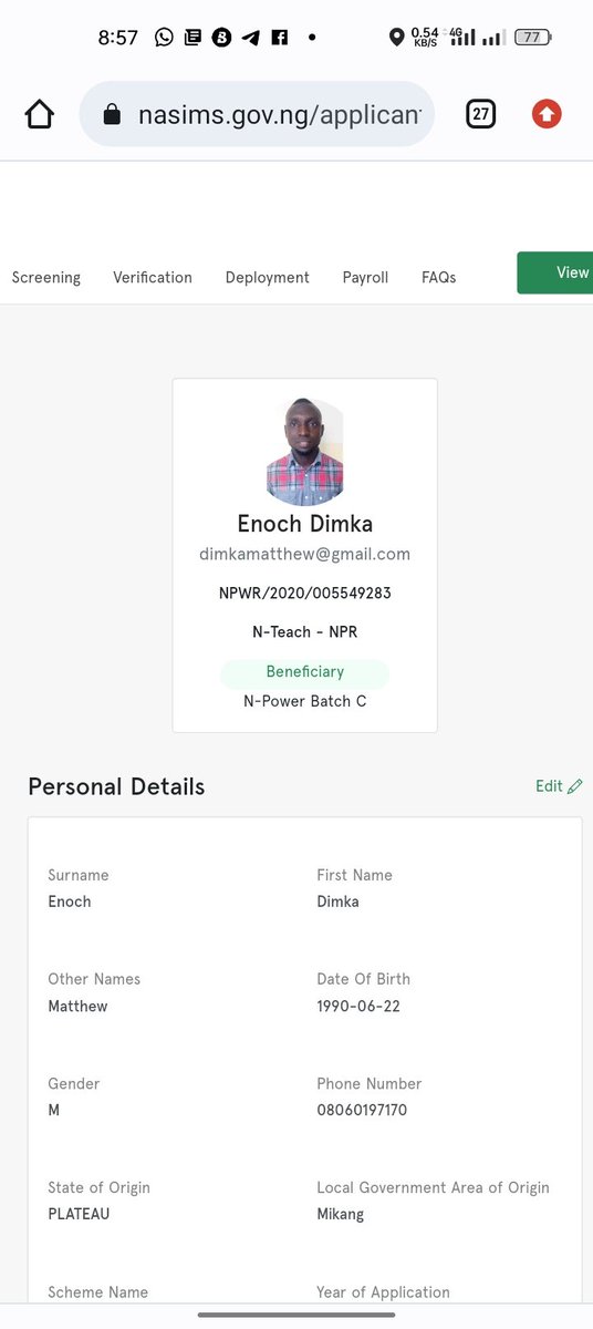 skillfulldk's tweet photo. @npower_ng dear npower team, 
Kindly assist, I'm yet to verify my details, and yet to get any stipend.
My details are: NPWR/2020/005549283. Dimka Matthew Enoch. https://t.co/hdI46OJpBr