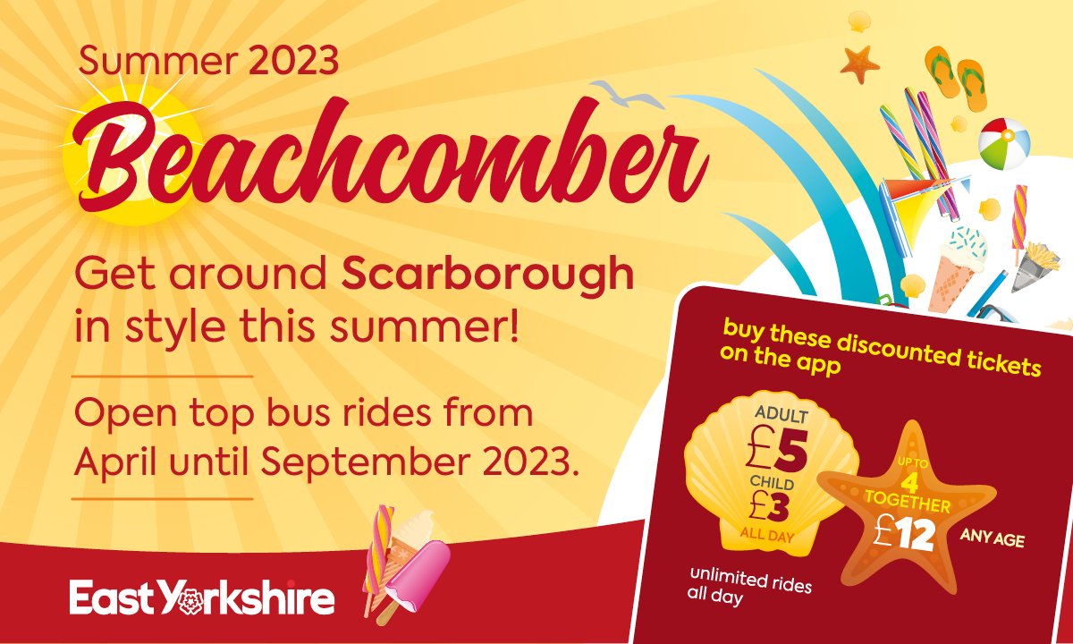 EYBuses's tweet photo. 😍 OPEN TOP RIDES 🏖️
Looking for something to do this bank holiday? Hop on board our Beachcomber open top buses and see the sights that only Scarborough has to offer. Get your tickets in advance on the East Yorkshire Buses app - download it today! https://t.co/CNxTes5GhY