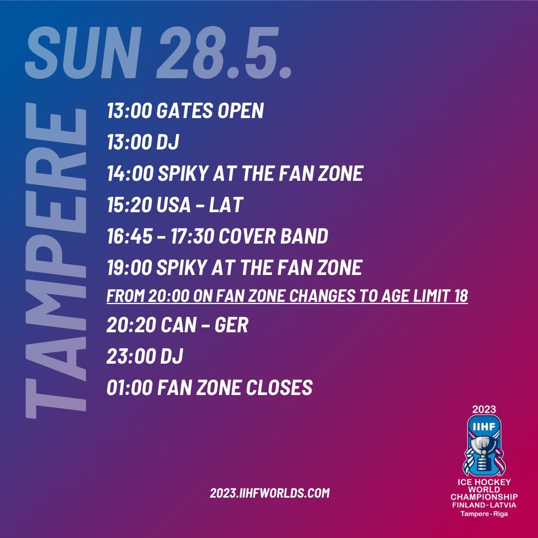 Official Fan Zone’s program in Tampere for the FINAL DAY🎉

#2023iihfworlds #IIHFworlds #WeLiveTheGame