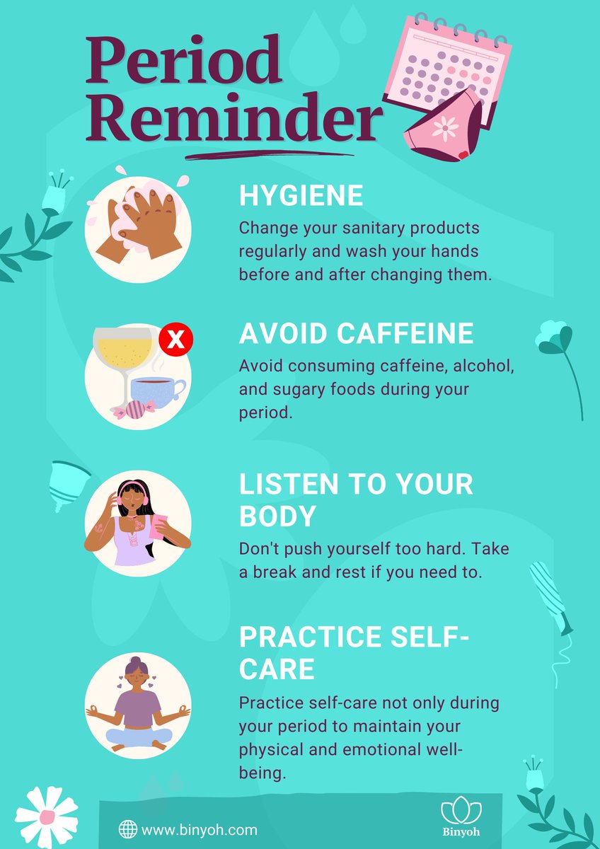 To mark #MHDay2023, here are the self-care tips for you.
Track your period & learn more about your body on the Binyoh app. Visit bit.ly/binyoh-app to install it now
#WorldMenstrualHygieneDay #MenstruationMatters #PeriodPositive #PeriodEquality #BreakTheTaboo #MHDay #Period