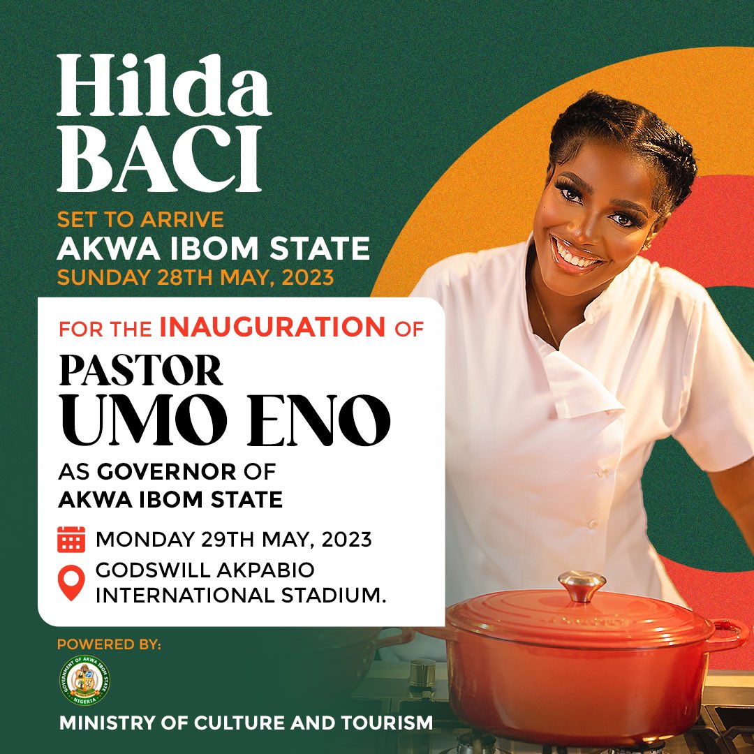 My first official Homecoming🎉 I will be at Akwa Ibom for the Inauguration of Pastor Umo Eno. May the dawn of a new era bring hope, progress, and unity to our beloved state. Courtesy the Ministry Of Culture And Tourism @akwaibomgovt #hildabacicookathon #hildacooks