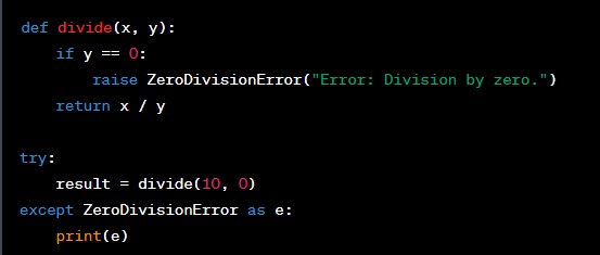 TechByteIQ's tweet image. 4/50 Code sample: 🖥️ 

Illustrates raising a 'ZeroDivisionError' exception and catching it using an except block to display a custom error message. 🚫🔢 #PythonExceptions #RaiseCatchExample