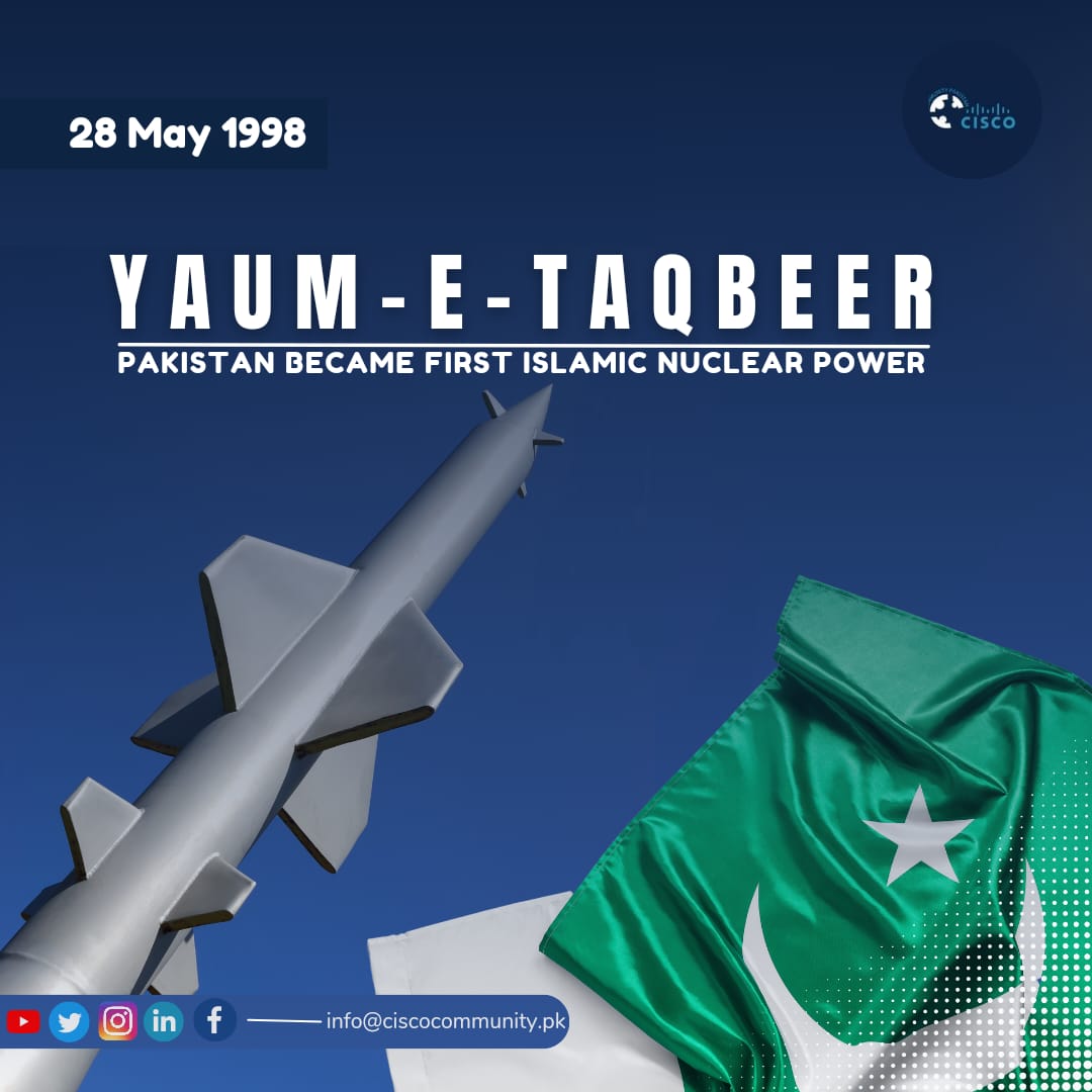 Youm e Takbeer Mubarak 🚀

25years ago when Pakistan became 7th largest country to make his own home built weapon... 
Proud to be Pakistani ❤️

#cisconetworkingacademy #ciscosystems #pakistan #youmtakbeer2023