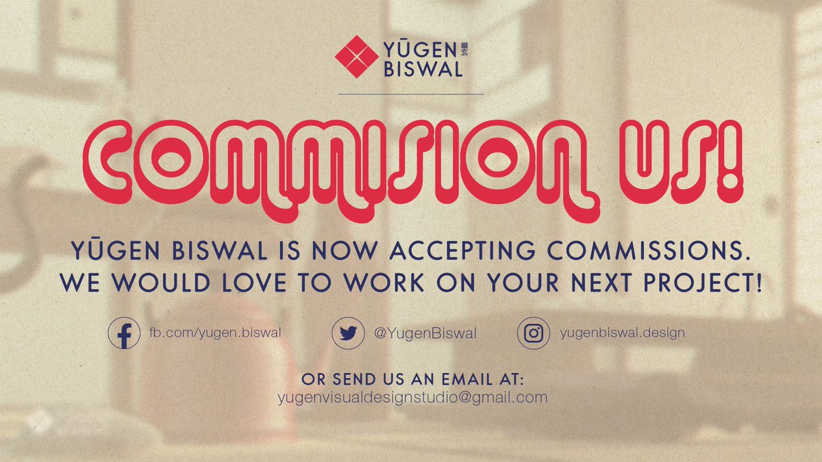 YugenBiswal's tweet photo. YŪGEN BISWAL is now open for commissions! Contact us via our social media platforms or send us an e-mail at yugenvisualdesignstudio@gmail.com. We would love to hear from you! https://t.co/ZMgFKyFCyu