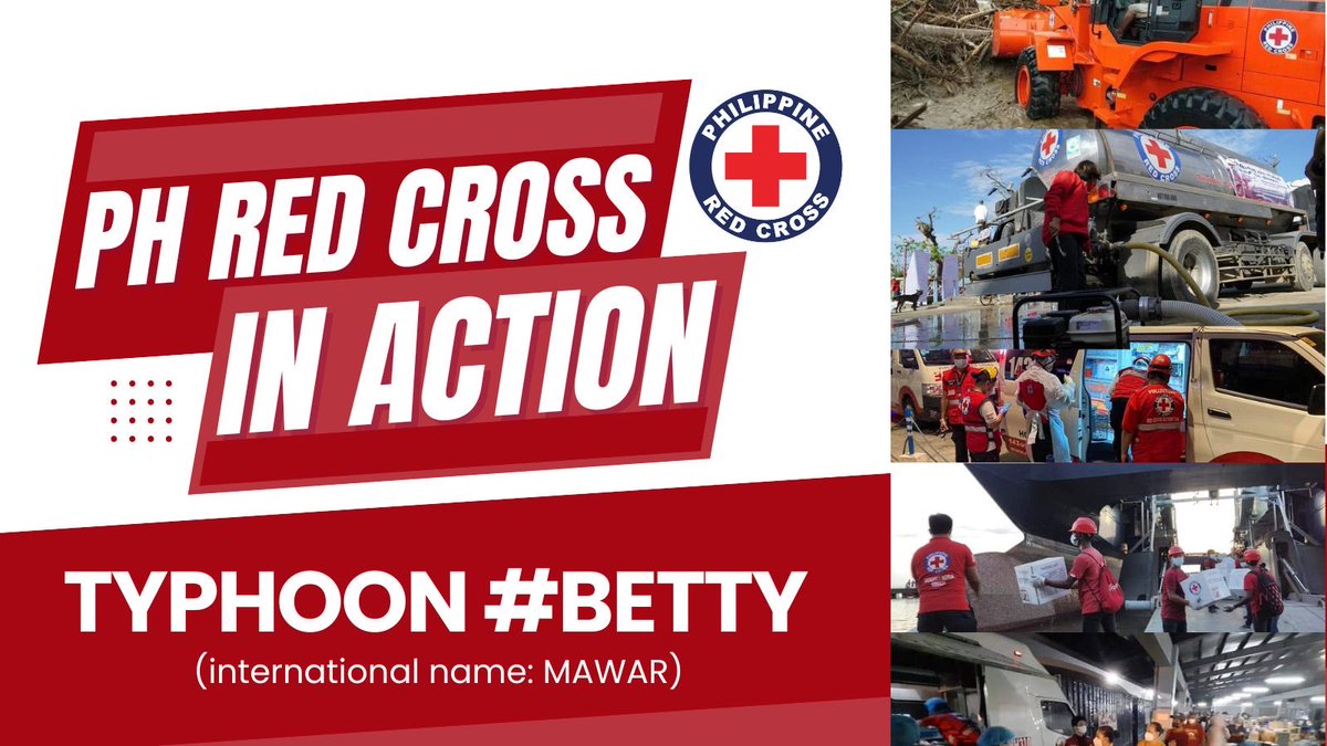 philredcross's tweet photo. @philredcross ready for Typhoon #BettyPH
The Philippine Red Cross has been on alert since Monday as #BettyPH (international name #Mawar) made its way to PAR. Here are a few of the actions taken by PRC chapters nationwide.
#PRCTyphoonUpdate #RedCrossPH #PRCLifelineOfThePeople https://t.co/H2M0iDNasf