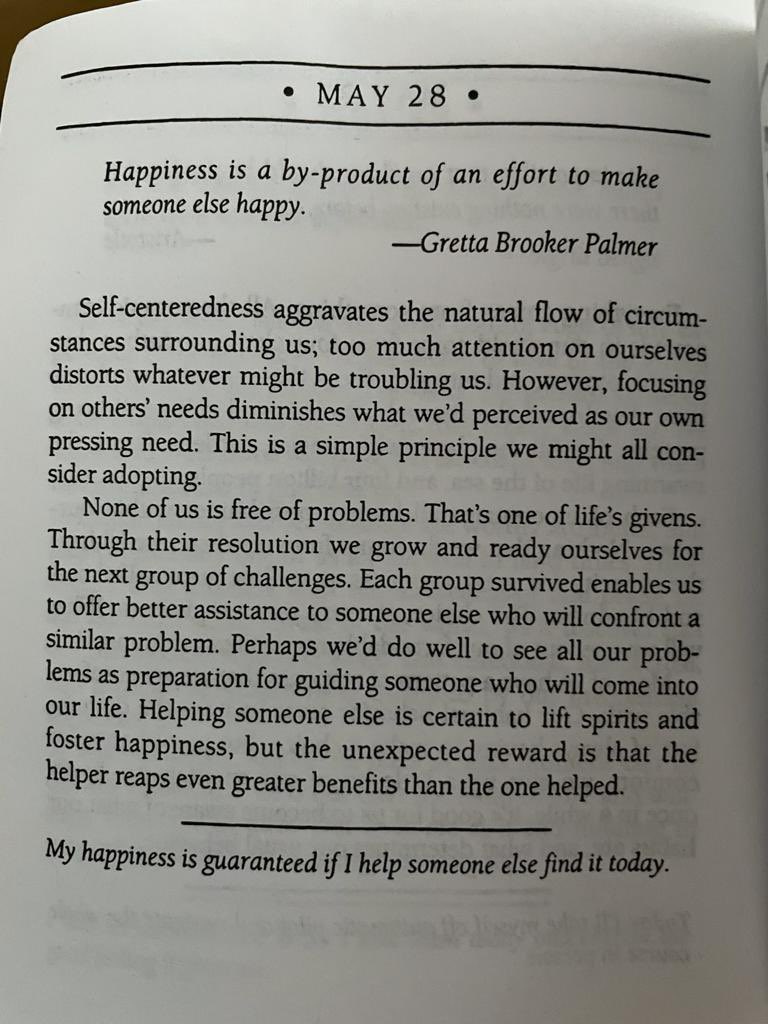 ‘Happiness is a by-product of an effort to make someone else happy’

Hope you enjoy this lovely reading.  

Makes sense that we can secure our own happiness by simply helping others find it.

It’s a nice purpose to live by