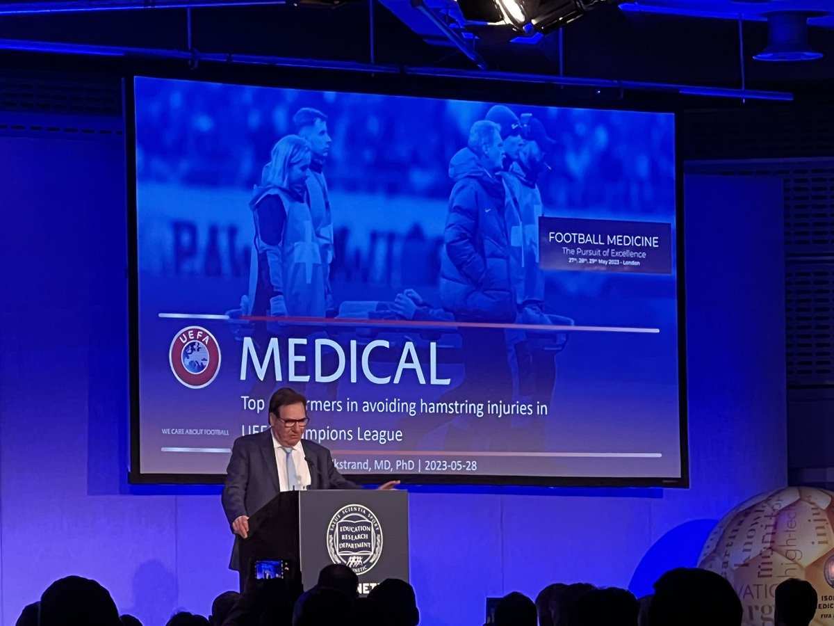 My favorite sessions @footballmed is the @UEFAcom Elite Club Injury Study presentation. Latest data on injury trends. Dr Ekstrand with words of wisdom regarding high levels of trust + communication between coaches, medical + performance staff. #isoK23
