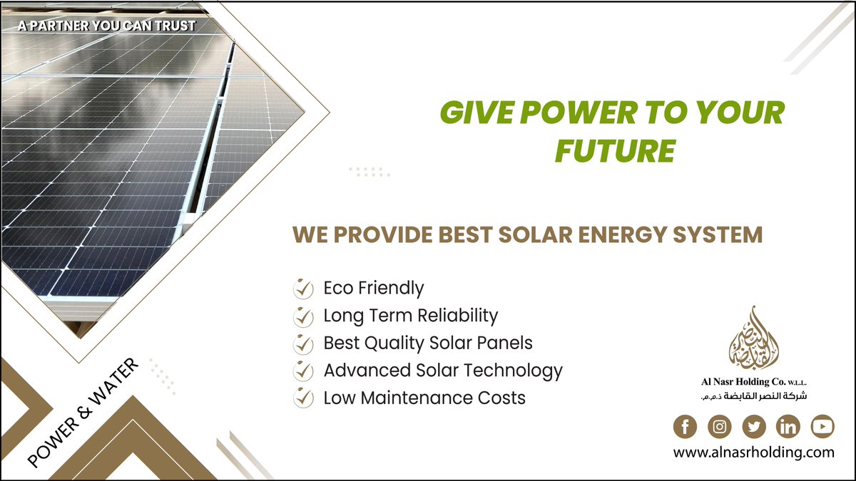 alnasrholding's tweet image. Al Nasr Holding is a prominent company in Qatar with vast knowledge and unparalleled expertise in Solar Energy providing the customers innovative concept &amp;amp; various solar products in the region. 
#solarpanels #solarenergysystem #Qatar