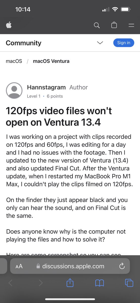 Hey <a href="/AppleSupport/">Apple Support</a> after the Ventura 13.4 update, 120fps files can’t be played, we filmmakers are struggling. discussions.apple.com/thread/2548879…