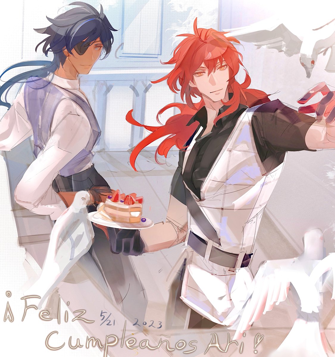 ディルック(原神) ,ガイア(原神) 「アリ!()誕生日おめでとうでしたっ! HAPPY BIRTHIDAY ARI !」|二ューメンのイラスト