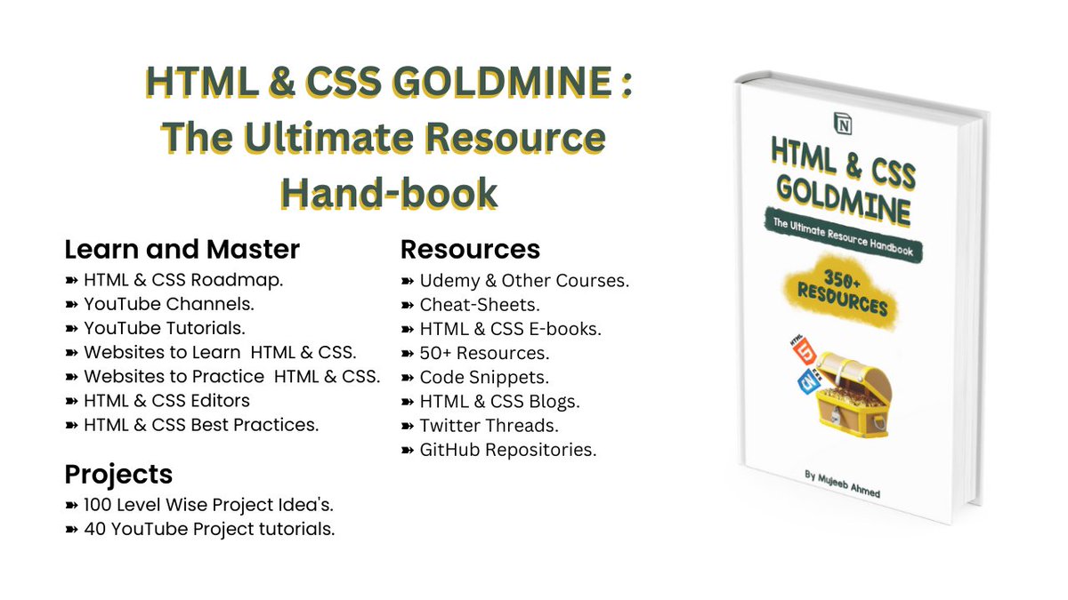 Master HTML & CSS for FREE.

Save 50+ Hours of Research

With  ' HTML & CSS GOLDMINE: The Ultimate Resource Hand-Book '

350+ Resources to learn.

Grab it for FREE.

Drop a 🔥 in the comments,

Make sure you follow me, So that can DM You.