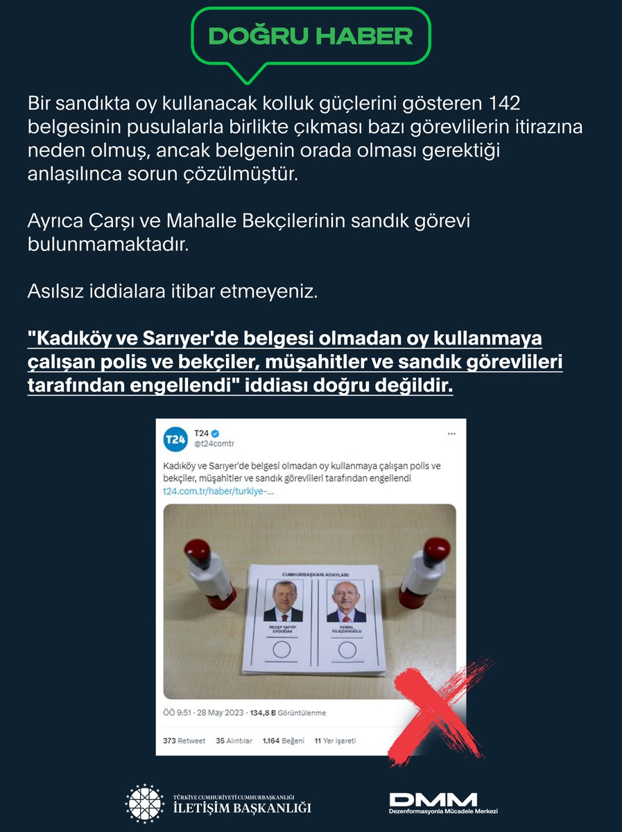 Cumhurbaşkanlığı İletişim Başkanlığı Dezenformasyonla Mücadele Merkezi, belgesi olmayan kolluk kuvvetlerinin oy kullanmaya çalıştığına dair haberlerin asılsız olduğunu açıkladı
tmd.yt/ypi45