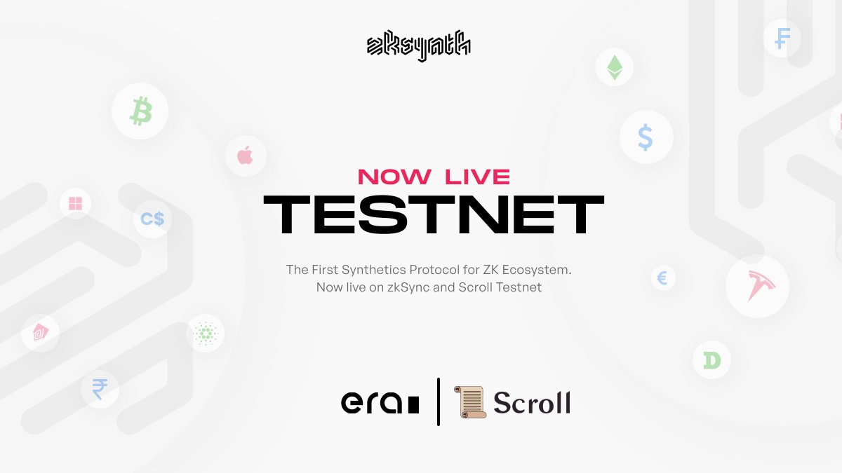 zkSynth's tweet image. We're thrilled to announce that we are now live on @Scroll_ZKP and @zksync Testnet!

Mint and trade Synthetic Assets that track the prices of real world assets like
🏦 Stocks
🪙 Crypto
🌍 Forex
🛢️ Commodities &amp;amp; more
with Zero-Slippage 🔥

Join us and explore the future of DeFi!