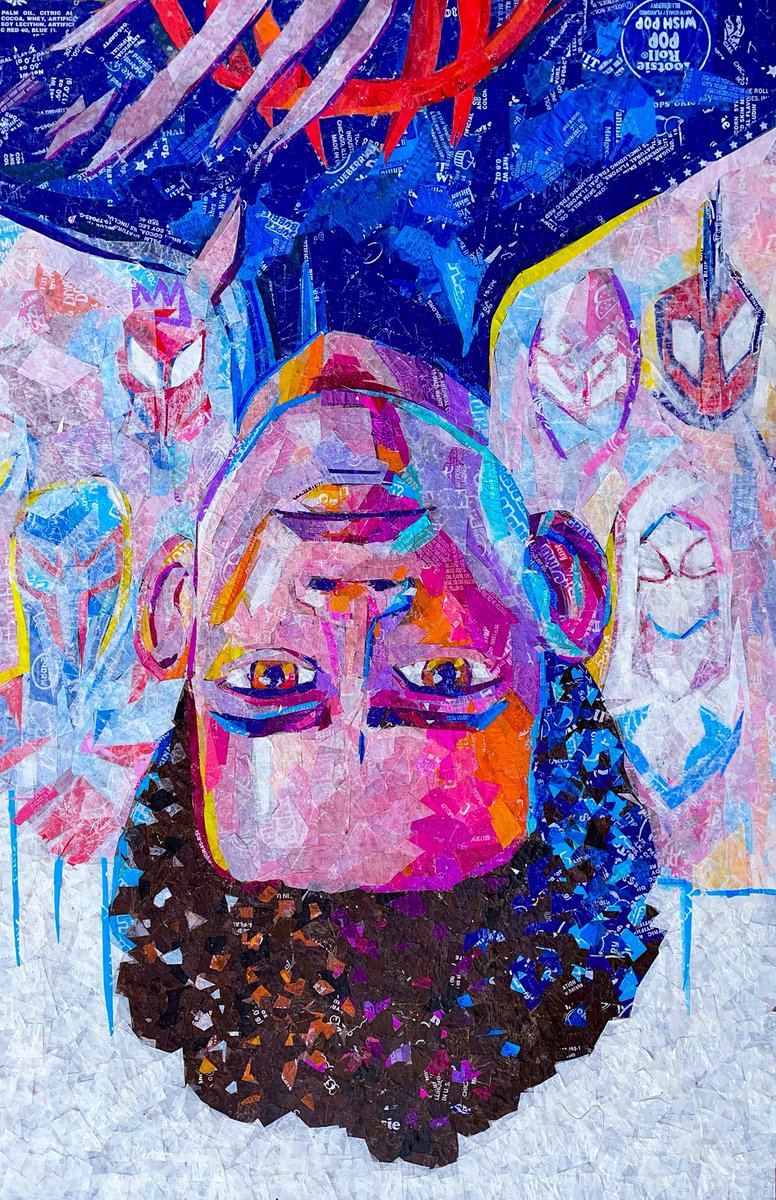 popwrapart's tweet photo. Recent work completed. “Miles Across the Spiderverse” made with candy wrappers. 11x17, 2023. Looking forward to the movie next week. #AcrossTheSpiderVerse @SpiderVerse #MilesMorales #candywrappers #popart https://t.co/cHEY3o1GIU