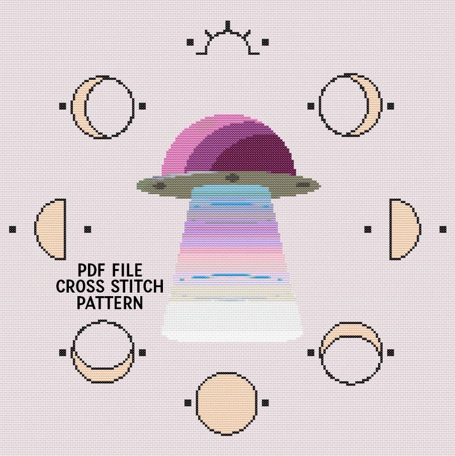 my #etsy shop: Moon Phases Ufo Cross Stitch Pattern PDF ONLY Embroidery Pattern 200x200 Stitch DIY Celestial Space Extraterrestrial Astronomy Colorful Cute etsy.me/43xgJyH #birthday #newyears #crossstitch #crossstitchpattern #pdfpattern #embroiderypattern #cros