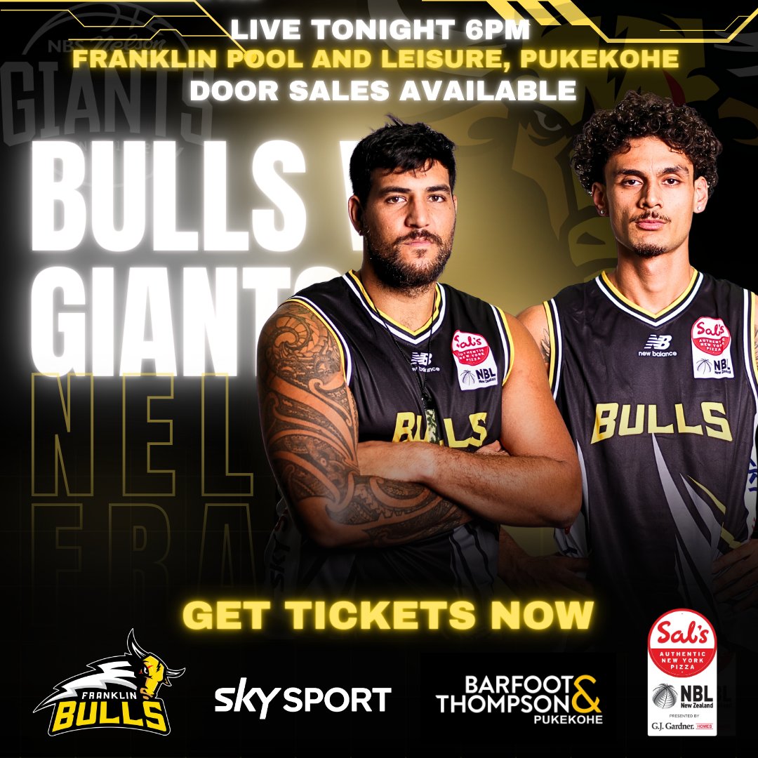 It's almost game time and we need you support! Come on down to the Stockyard and see your Franklin Bulls take on the @GiantsNZNBL #leadthecharge #SalsNBL

Get your tickets now - buff.ly/3Ww7htn 

Tonight's game is brought to you by @BarfootThompson Pukekohe