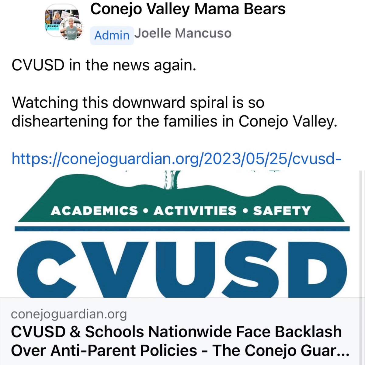 cvmamabears1's tweet photo. THANK GOODNESS the good people of the #ConejoValley know that the #ConejoGuardian is a #fakenews paper funded/printed by #RobMcCoy & the #RobMob to spread disinformation & tear down the #CVUSD.
Voters know better, Joelle. The only thing spiraling rn is your grip on reality. Sad. https://t.co/OqncpsUeBt