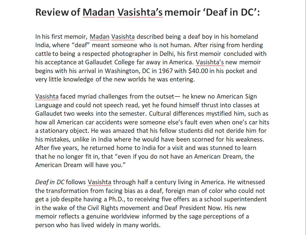 disabilitybook1's tweet photo. #book 'Deaf in DC' by #madanVashisth is his 2nd  memoir where he talks abt his life journey in #USA, how he rose frm being a student of @GallaudetU 2 becoming superintendent of 'New Mexico School for the Deaf' @islrtc @india_nad @deafnation @socialpwds @DisabledWorld #Disability https://t.co/5i6W3U6wgl