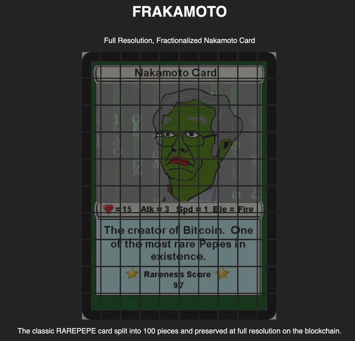 Finally! RAREPEPE has been preserved in the UTXO set forever. 100 individual image slices stamped on the blockchain. A monumental effort!

FRAKAMOTO.COM #BitcoinStamps