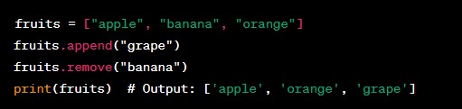 TechByteIQ's tweet image. 4/50 Code sample: 🖥️
Adds an element, removes an element, and prints the modified list. 🍇🗑️ #PythonLists #ListModification