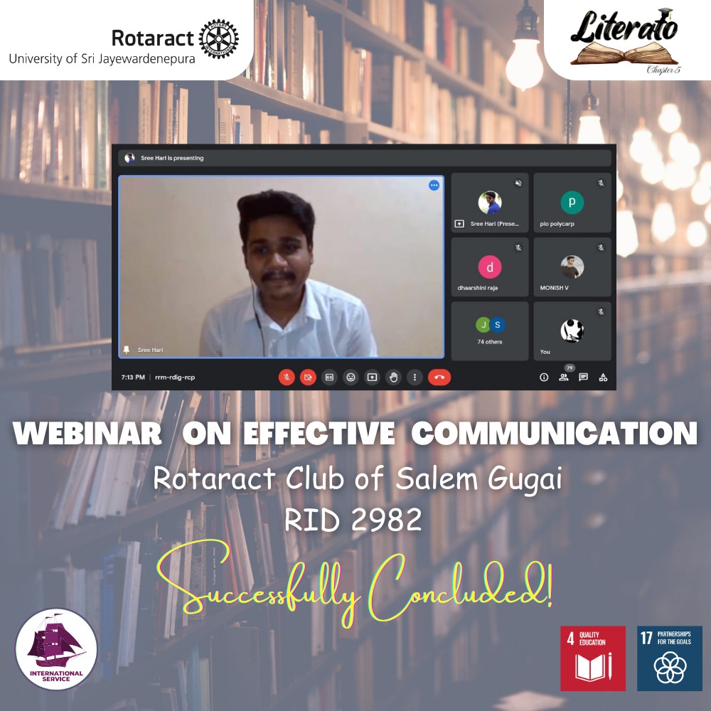 rotaractusjp's tweet photo. As a part of the project, Literato - Chapter 5, a webinar on "Effective Communication" was successfully conducted by the Rotaract Club of Salem Gugai - RID 2982.
#Literato_Chapter_5 #RACUSJ #Rotaract #Rotaract3220 #ImagineRotaray #LearnServeandStrive https://t.co/eo27EsDG5q