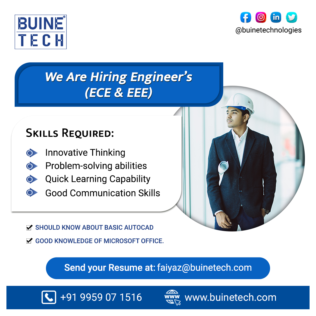 Buine Technology is looking for a fresher  Electric & Electronic Engineers near Shaikpet Hi-tech Road.
 Share Your Resume Now @ faiyaz@buinetech.com
#hyderabadjobs #jobs #hyderabad #indiajobs #hiring #job #engineering #engineeringjobs #jobsinhyderabad #freshers #recruitment