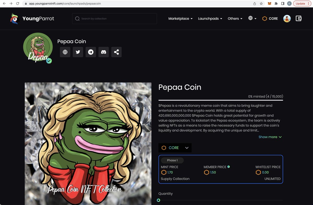 🚀🚀🚀 New Launchpad:

Pepaa Coin: The meme-inspired cryptocurrency bringing joy, financial opportunities, and community together. Join the revolution now!

app.youngparrotnft.com/core/launchpad…

Total Supply: 15000
MINT PRICE: 1.70 CORE (38770985 YPC)
MEMBER PRICE: 1.50 CORE (34209692 YPC)