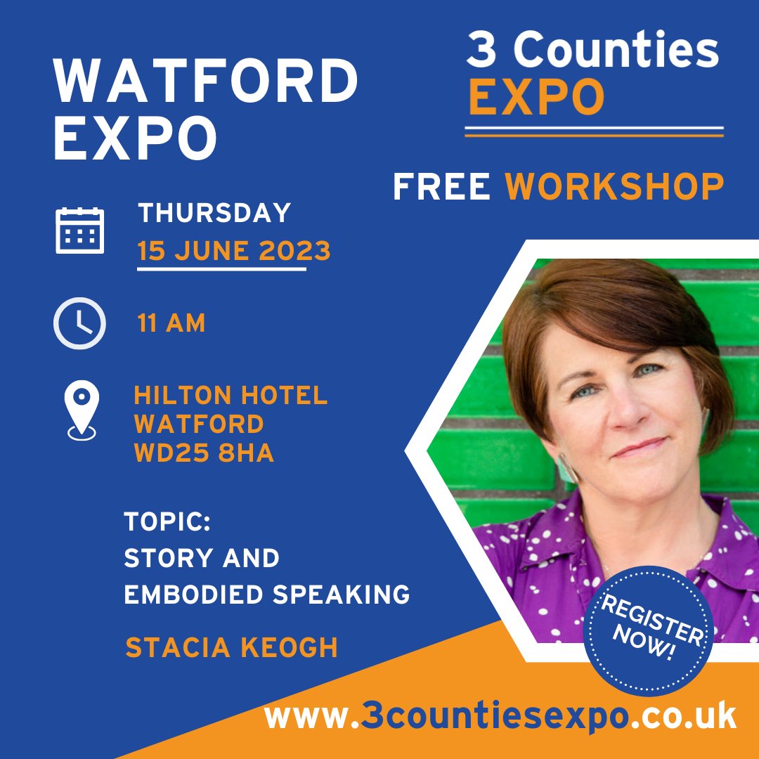 Register as a visitor, and come along to Stacia Keogh’s @Staciastory free workshop, on story telling and embodied speaking at 11am. 

Book your free visitor ticket at bit.ly/freevisitortic…

#3countiesexpo