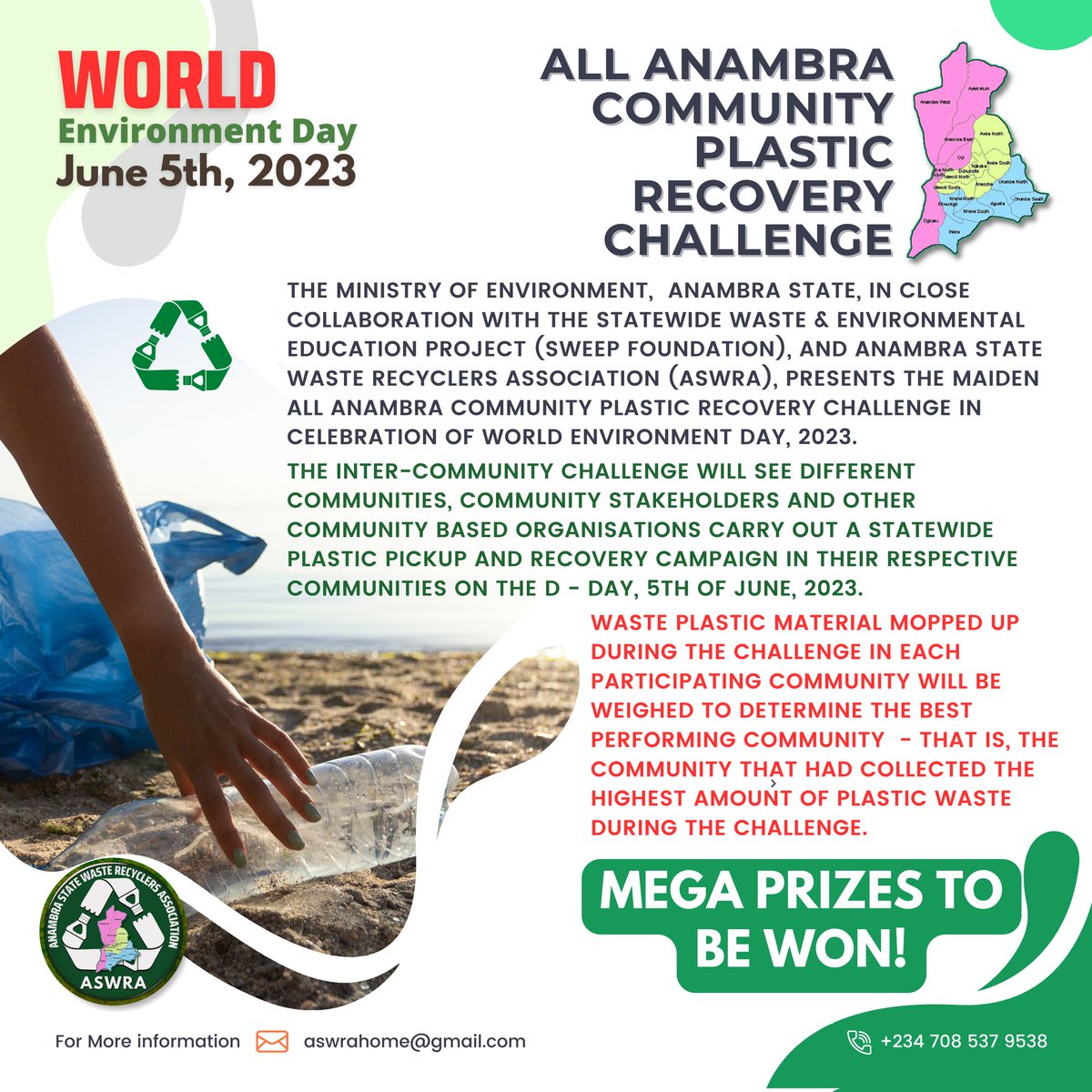 aswrahome's tweet photo. Be Part Of History!

Mobilize your community to win MEGA PRIZES in the first Anambra State Plastic Pick Up Challenge to mark the World Environment Day 2023.

It's time to rid Anambra of plastic waste and save our environment.

#aswra #anambraenvironmentmatters https://t.co/Cd2vHPoxmi