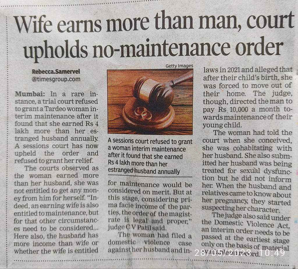 Wife earns more than man - no maintenance. TOI @realsiff #Scrap125crpc #falsecaseday #498A #DomesticVoilence #MaleGenocide #NoAlimony #marriagestrike #InternationalMensDay