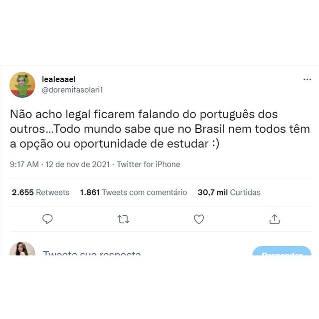 No dia 12/11, leia fez uma postagem no twitter falando que não estava feliz em ver as pessoas zombando do português de um de seus parentes.