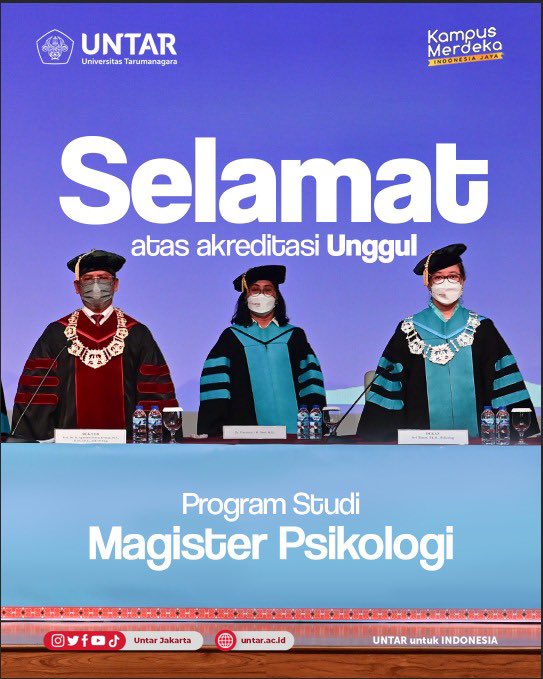 UntarJakarta's tweet photo. Selamat dan sukses atas diperolehnya Akreditasi "Unggul" dari BAN PT untuk Program Studi Magister Psikologi (M.Psi), Fakultas Psikologi, Untar.

MinTar super bangga! 🤩❤️‍🔥

#Untar
#UntarJakarta https://t.co/sr35a9xfny